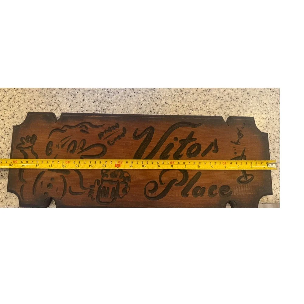 Vintage Hand Carved Wood Bar Sign Vitos Place Rustic‎ Man Cave Wall Decor 20x7